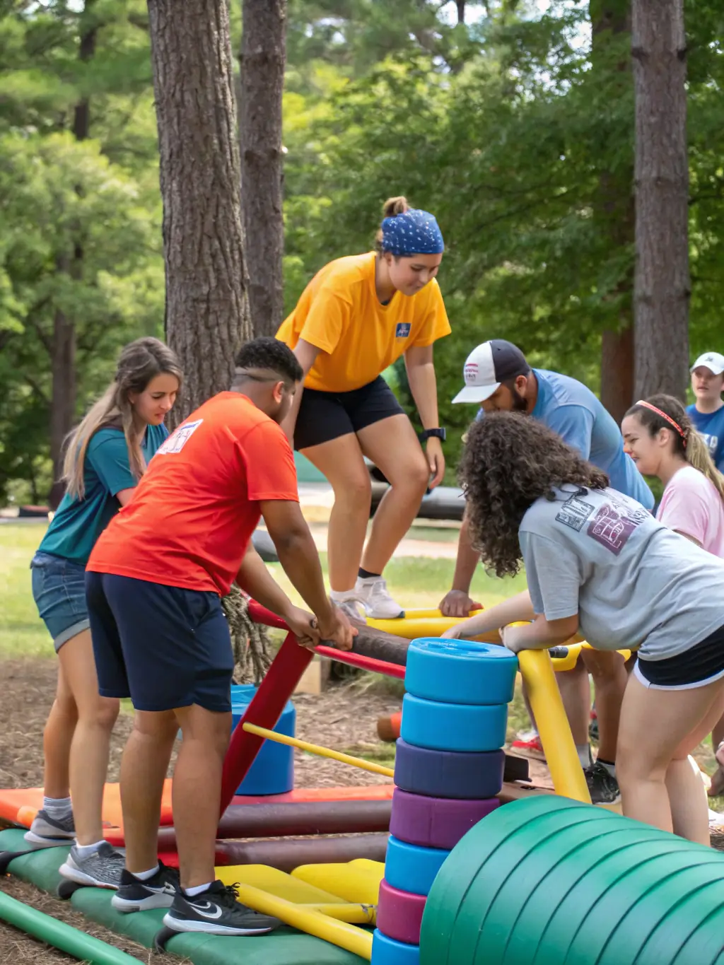 Students participating in a team-building activity outside the A-frame cabins at Musafir Retreats, emphasizing the educational aspect of the accommodation.