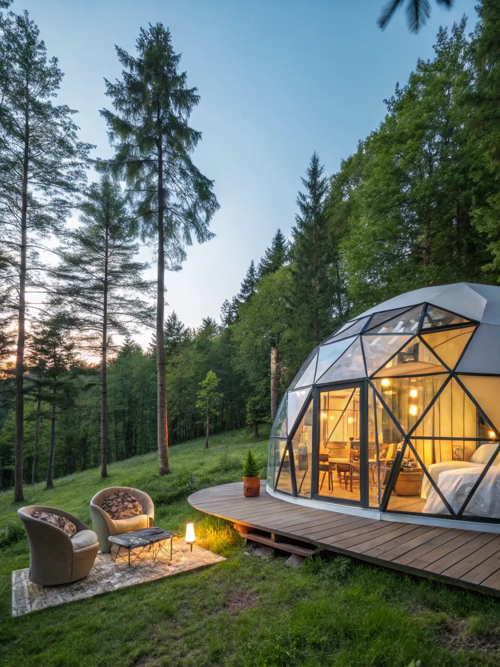A conceptual rendering of the completed Musafir Retreats and Camp, showcasing the glamping domes, A-frame cabins, and outdoor education facilities in a harmonious setting.