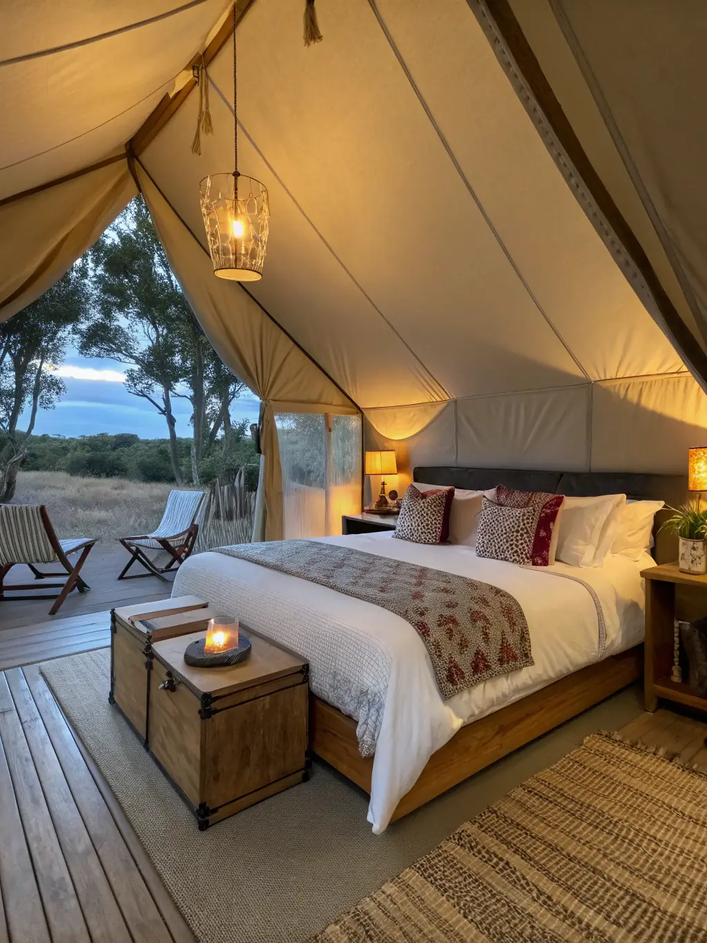 A luxurious glamping dome at Musafir Retreats, featuring a king-size bed, ambient lighting, and panoramic views of the Glenburn landscape through its transparent panels.